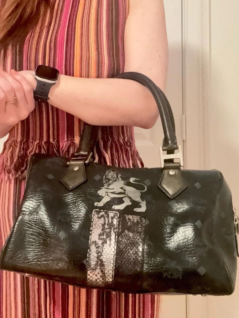 MCM Black Lion Monogram Satchel with Metallic Accents